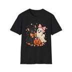 Black Cat and Ghost Halloween Shirt, Pumpkin, Bats and Bow