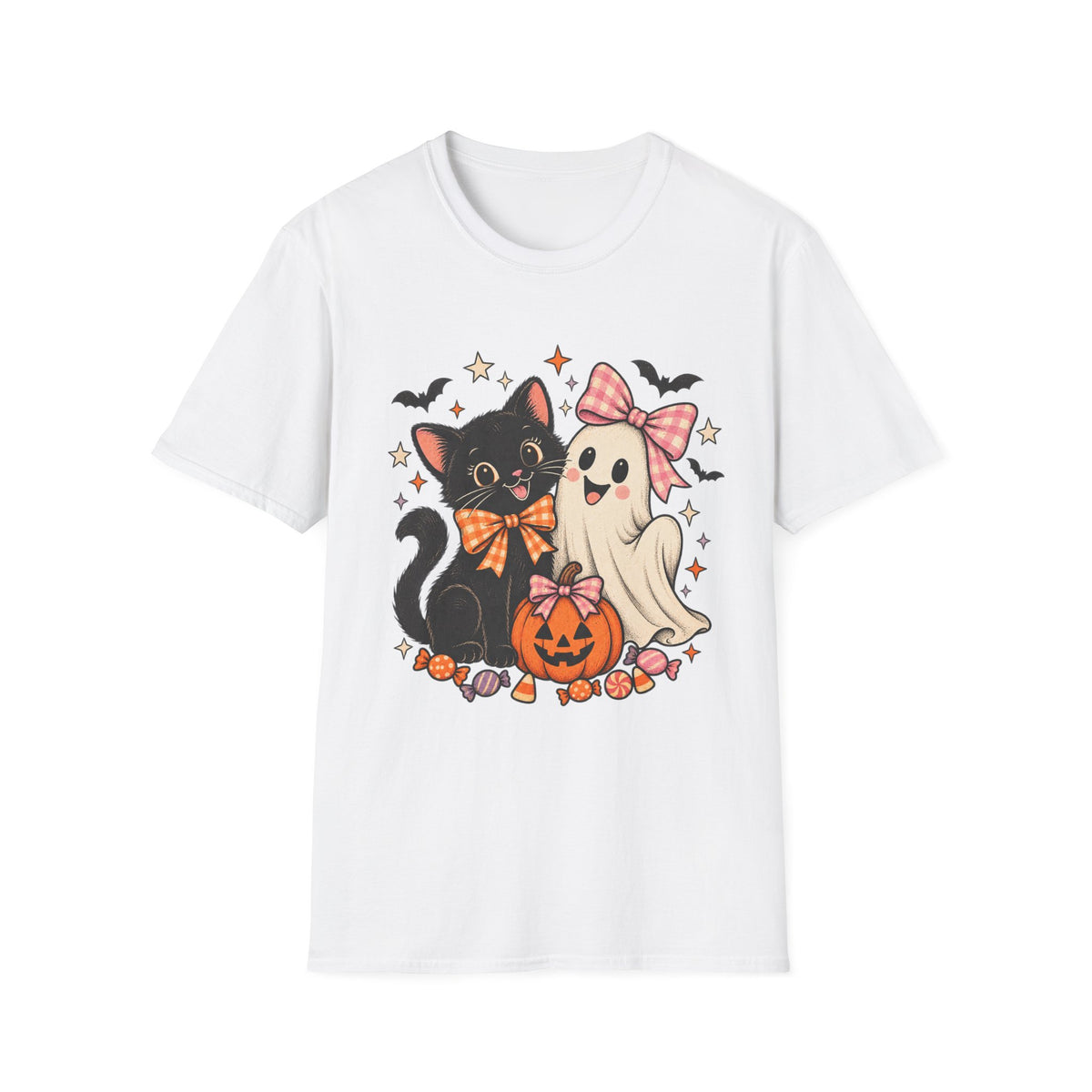 Black Cat and Ghost Halloween Shirt, Pumpkin, Bats and Bow