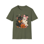Black Cat and Ghost Halloween Shirt, Pumpkin, Bats and Bow