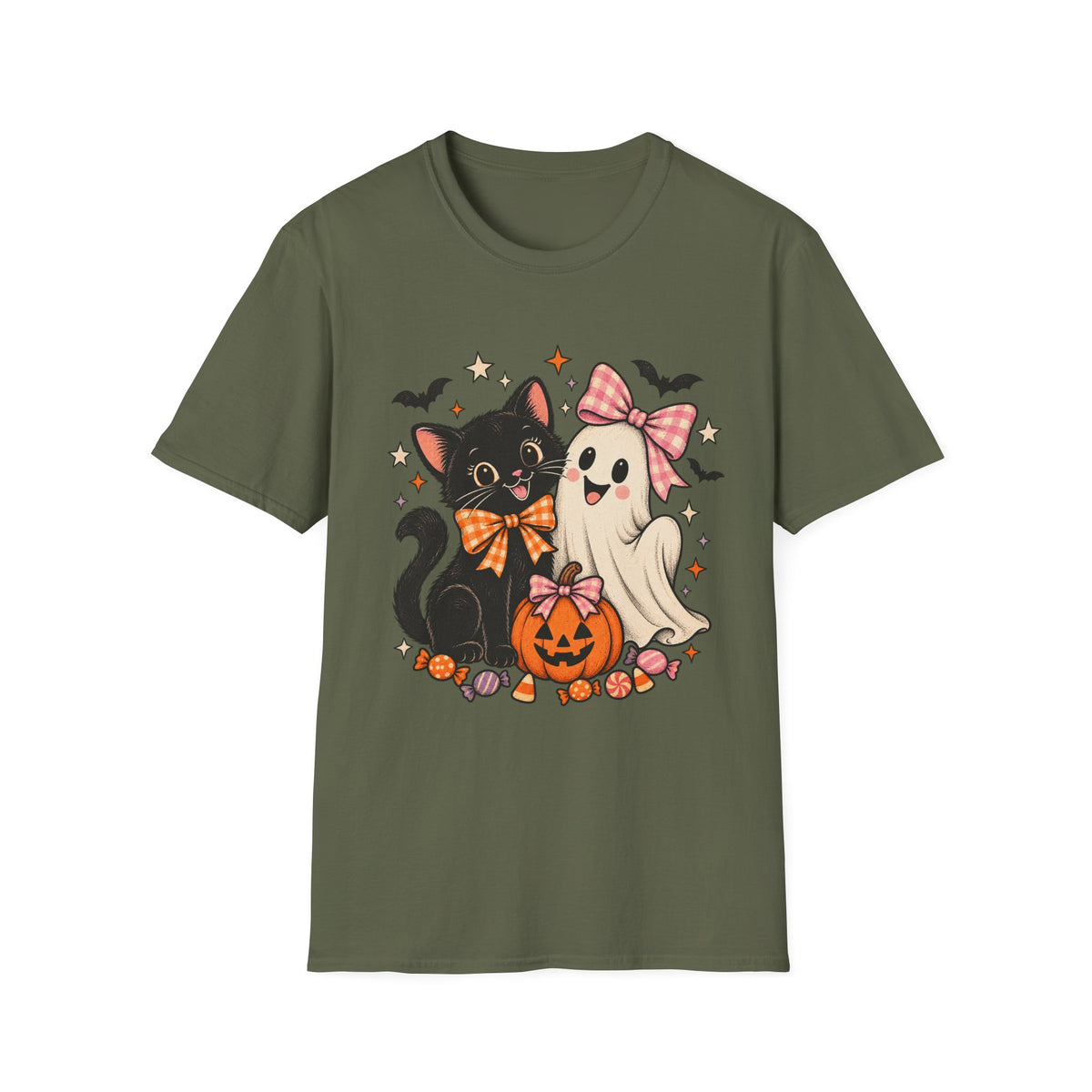 Black Cat and Ghost Halloween Shirt, Pumpkin, Bats and Bow