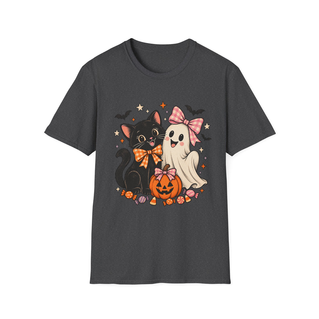 Black Cat and Ghost Halloween Shirt, Pumpkin, Bats and Bow