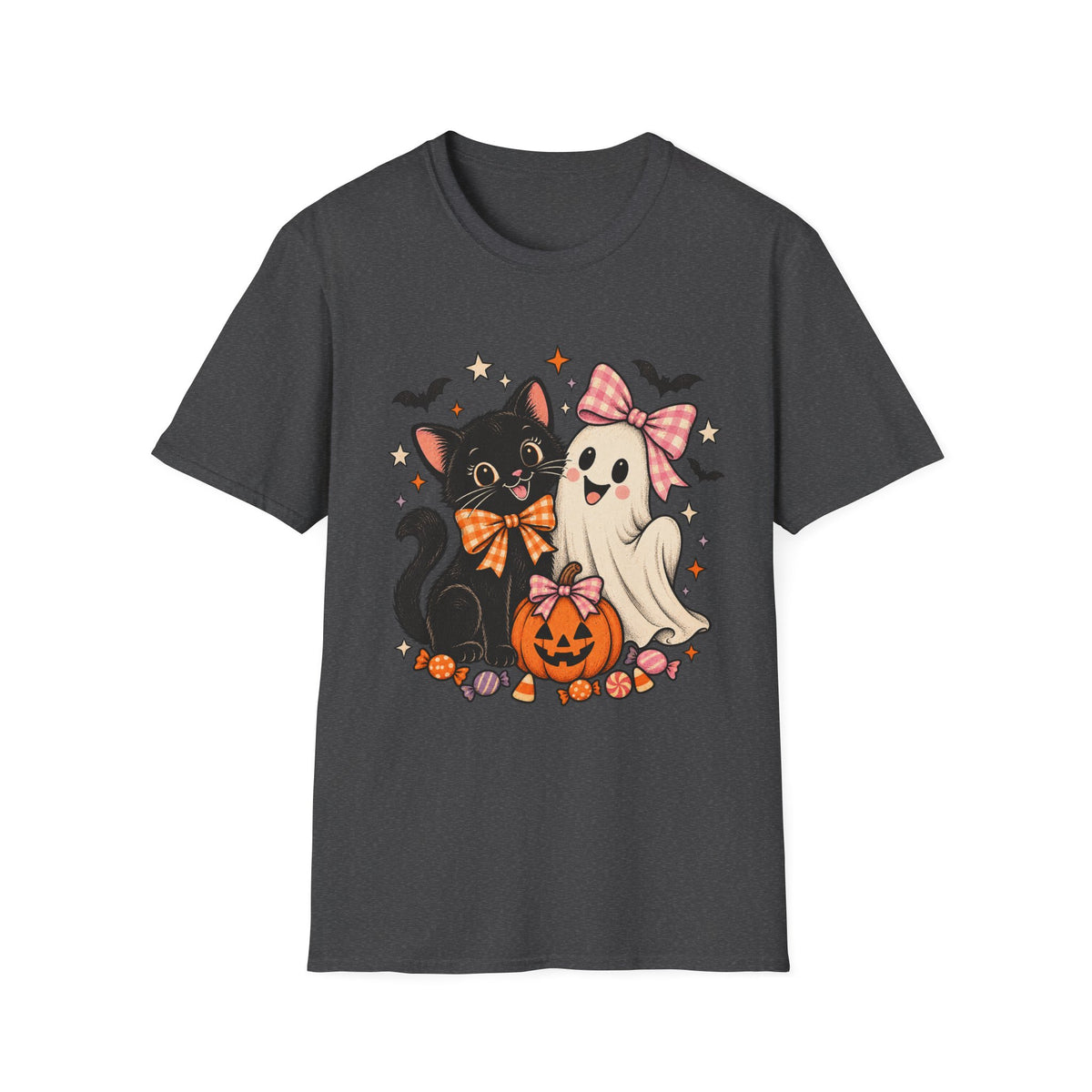 Black Cat and Ghost Halloween Shirt, Pumpkin, Bats and Bow