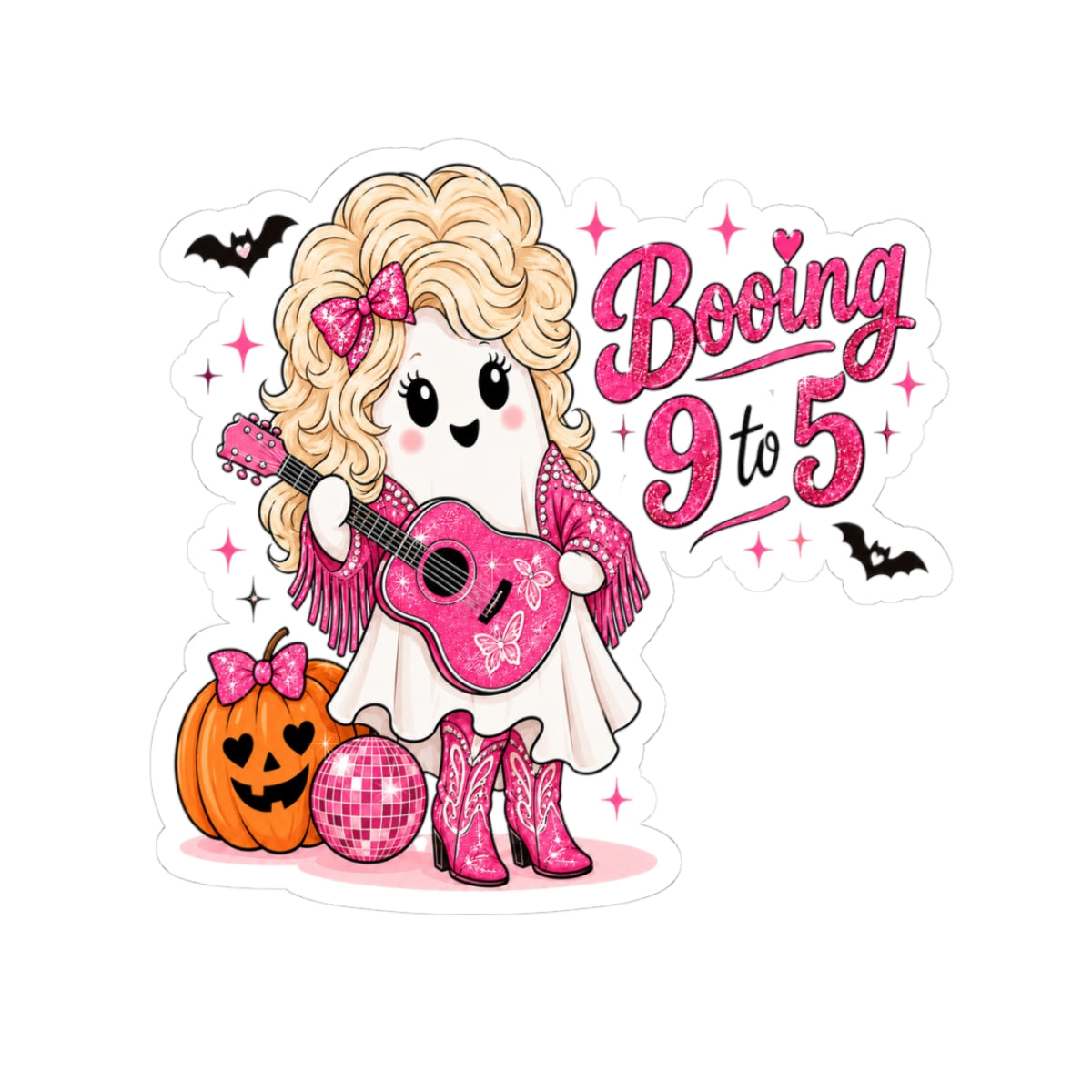 Booing 9 to 5 Ghost Sticker, Pink Cowgirl Halloween Decal