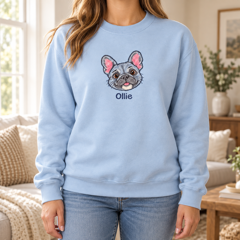 Personalized Blue-gray Frenchie Sweatshirt, Custom Dog Name, Dog Mom Gift