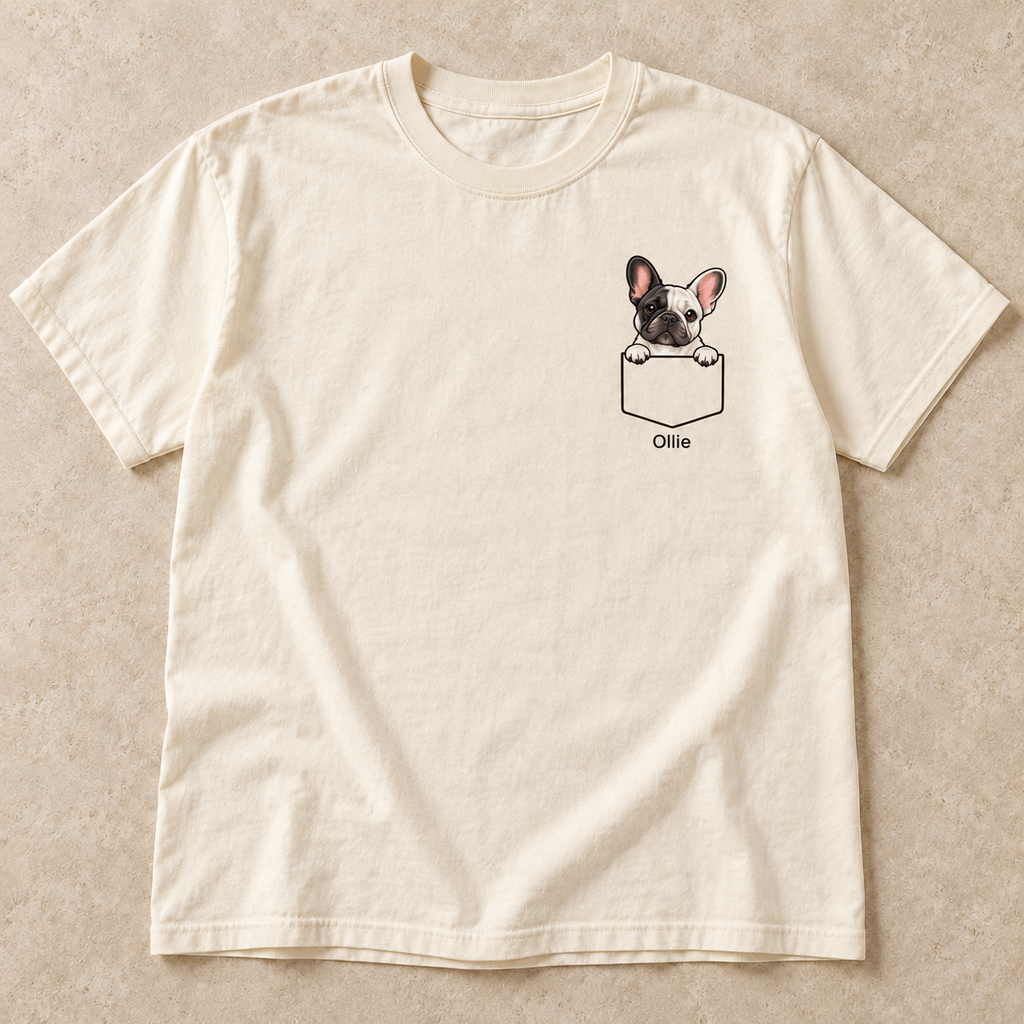 Personalized Pied (Black & White) Pocket Frenchie Shirt, Comfort Colors®, Custom Dog Name Tee