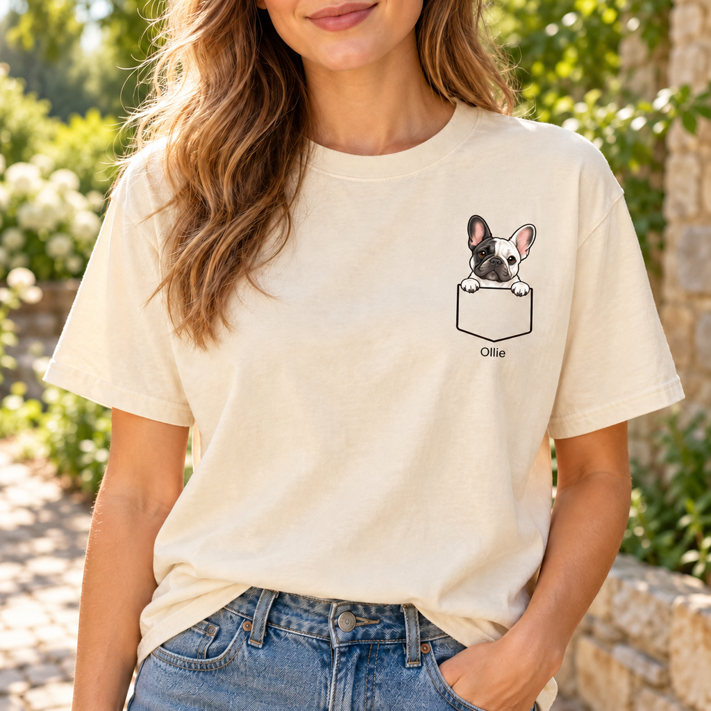 Personalized Pied (Black & White) Pocket Frenchie Shirt, Comfort Colors®, Custom Dog Name Tee