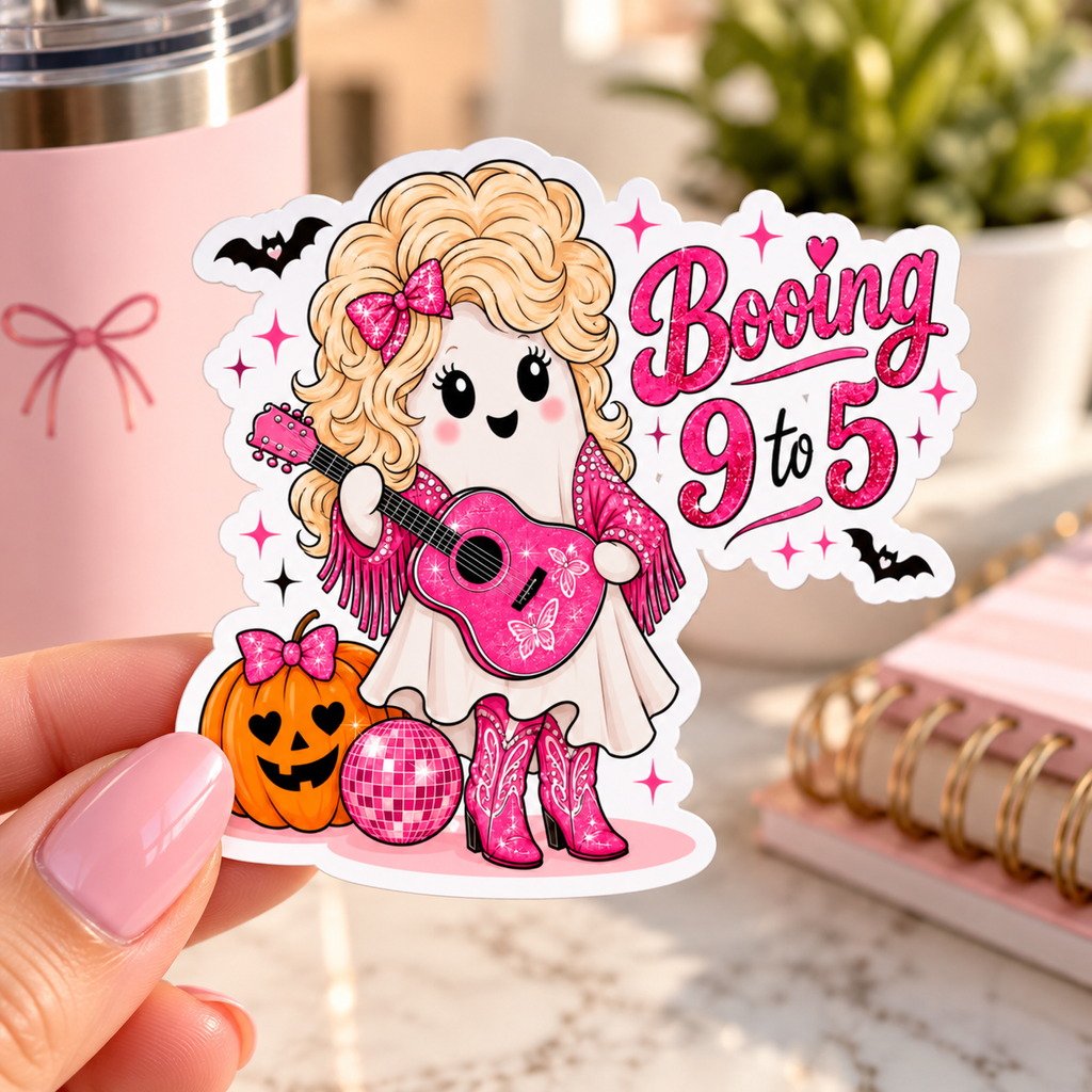 Booing 9 to 5 Ghost Sticker, Pink Cowgirl Halloween Decal