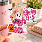 Booing 9 to 5 Ghost Sticker, Pink Cowgirl Halloween Decal