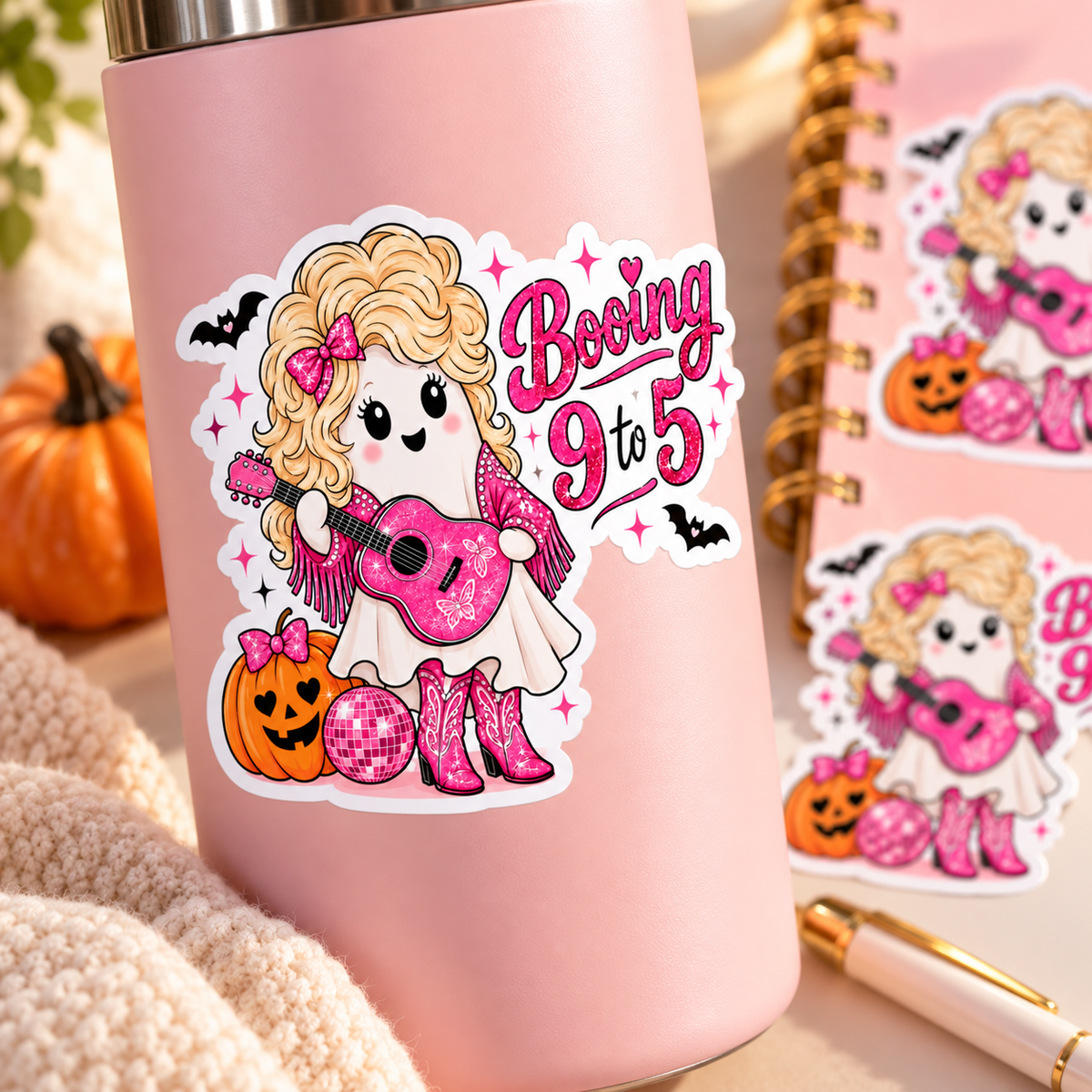 Booing 9 to 5 Ghost Sticker, Pink Cowgirl Halloween Decal