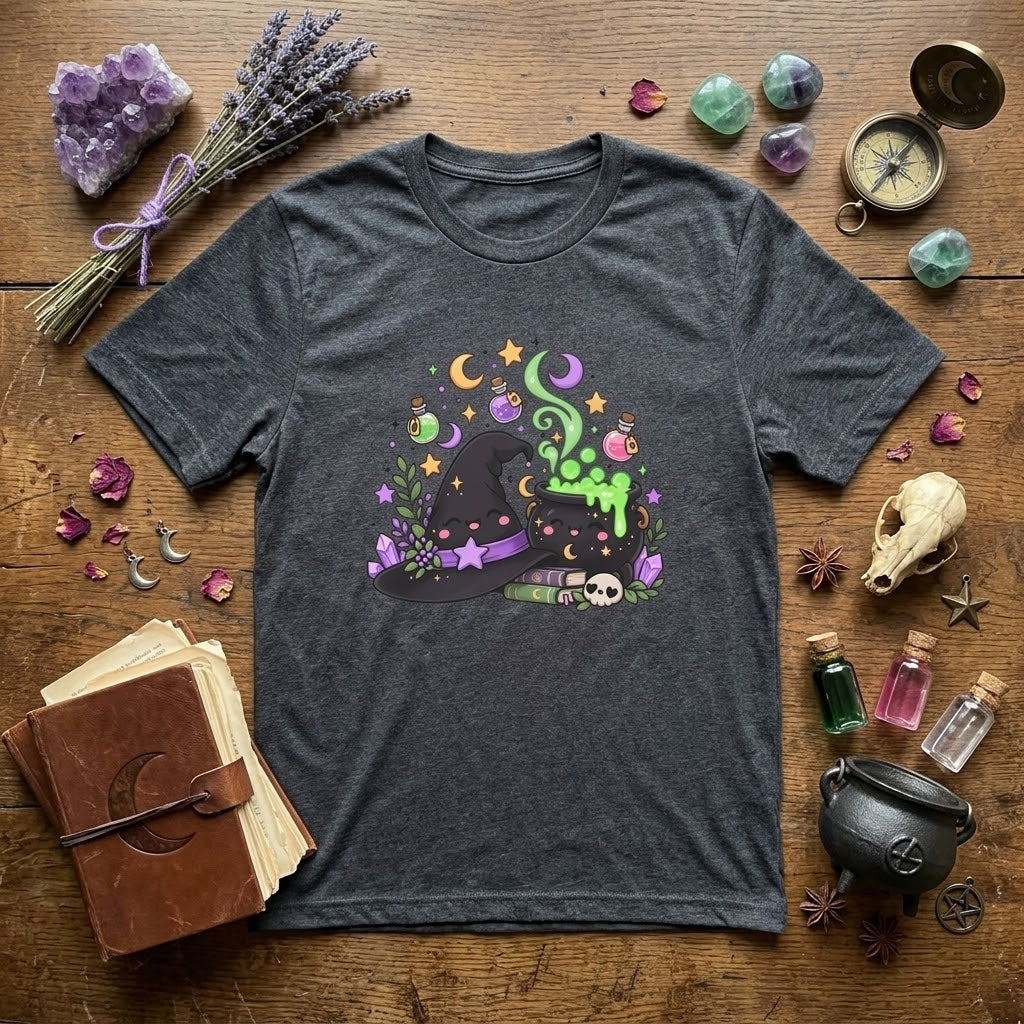 Witch Halloween Cotton Shirt, Hat, Cauldron and Potion Graphic