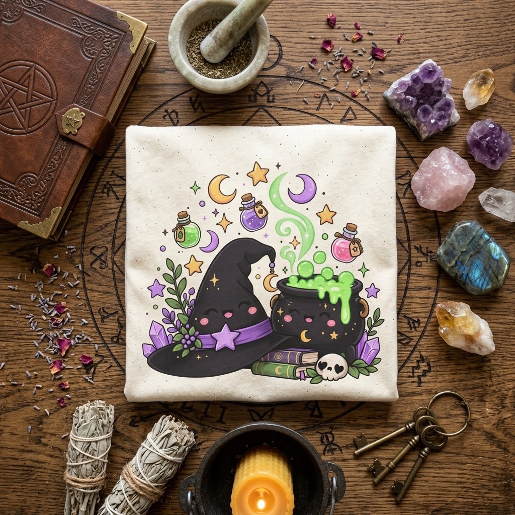 Witch Halloween Cotton Shirt, Hat, Cauldron and Potion Graphic
