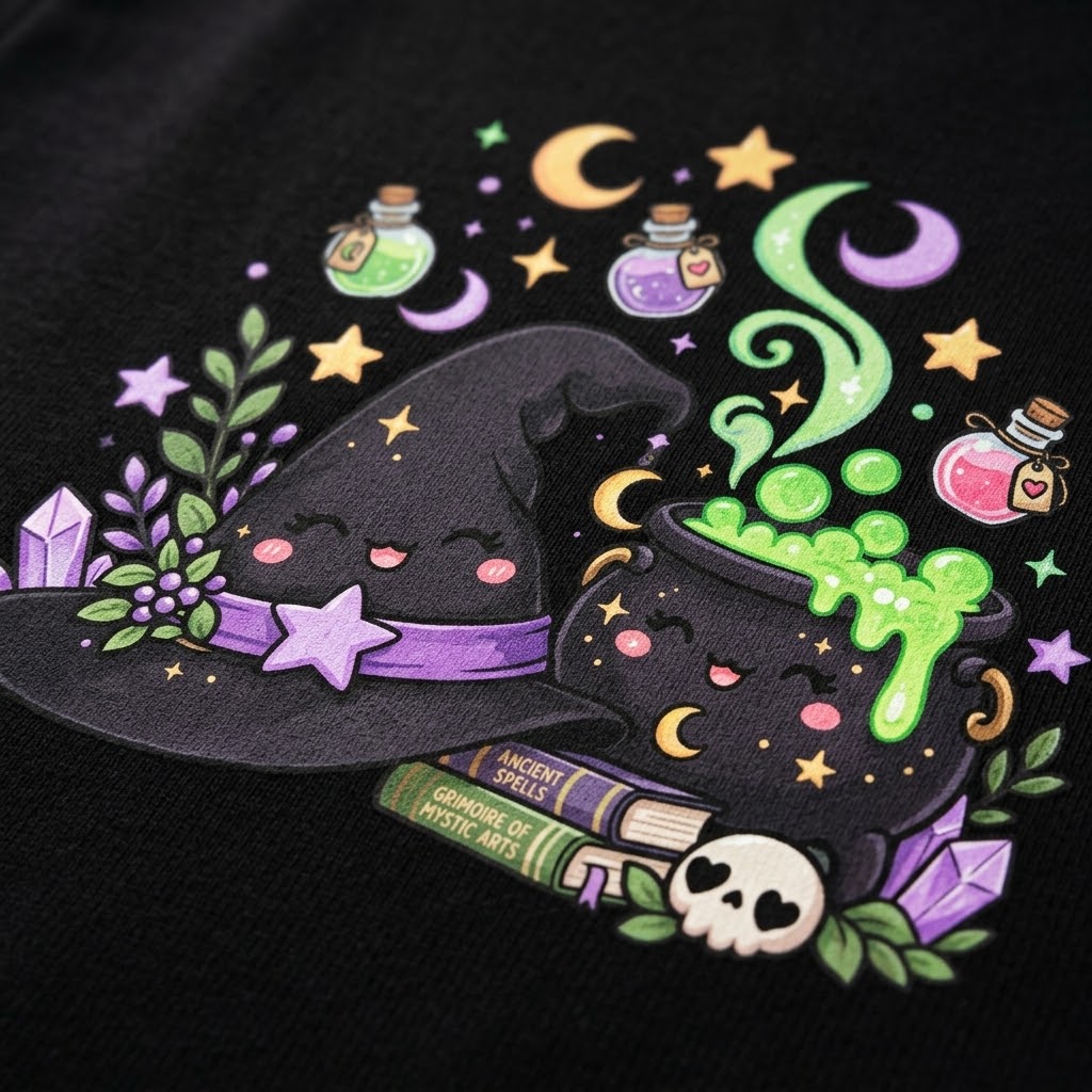 Witch Halloween Cotton Shirt, Hat, Cauldron and Potion Graphic