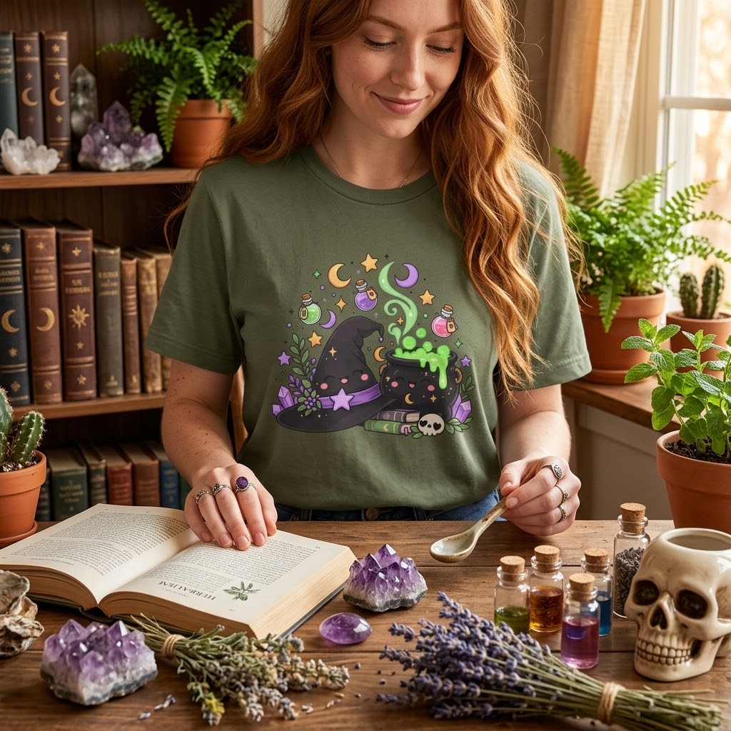Witch Halloween Cotton Shirt, Hat, Cauldron and Potion Graphic