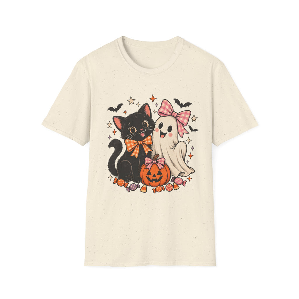 Black Cat and Ghost Halloween Shirt, Pumpkin, Bats and Bow