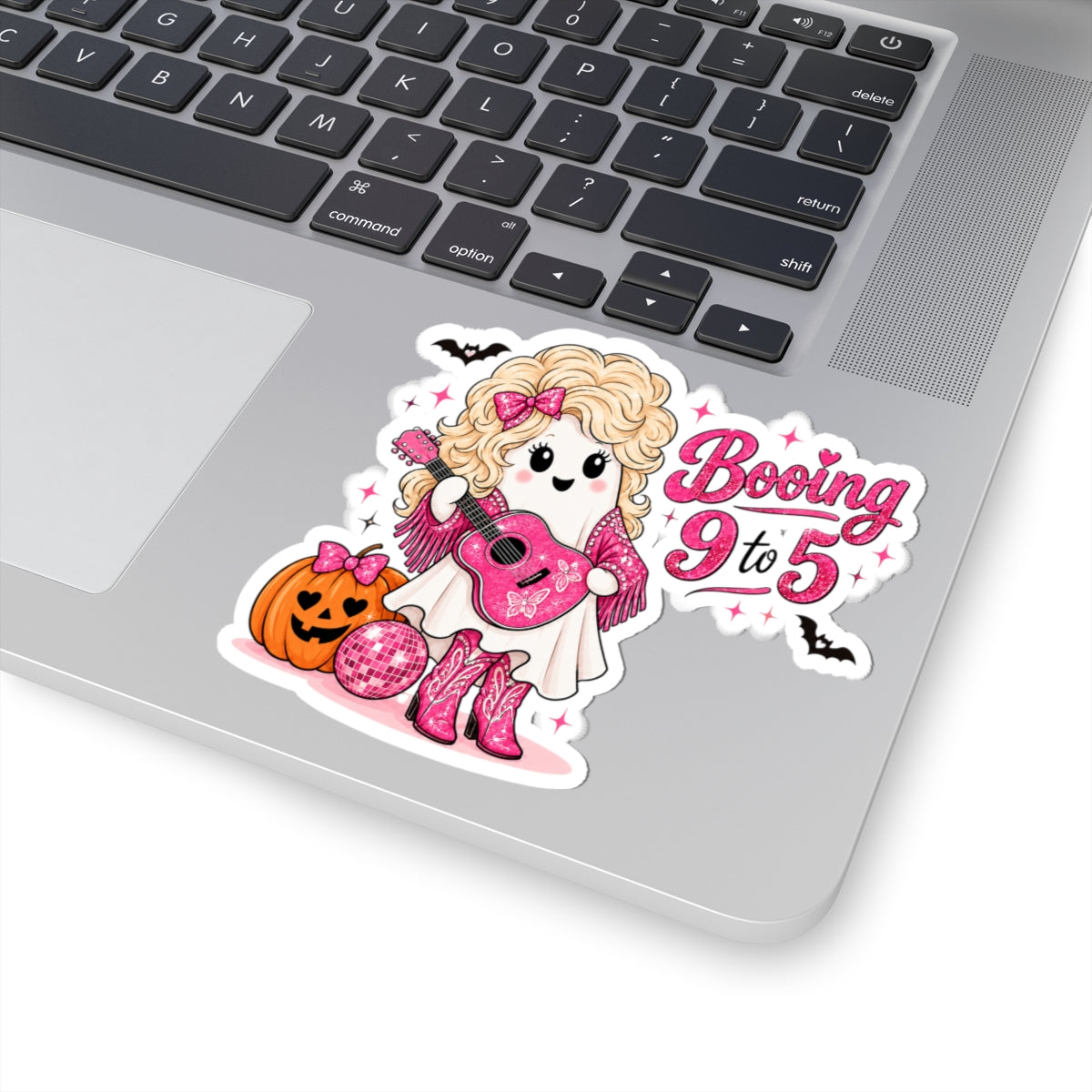 Booing 9 to 5 Ghost Sticker, Pink Cowgirl Halloween Decal