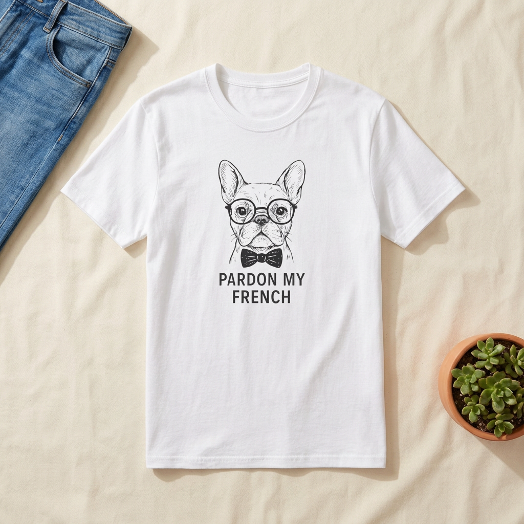 Flatlay mockup of the white French bulldog with glasses T-shirt