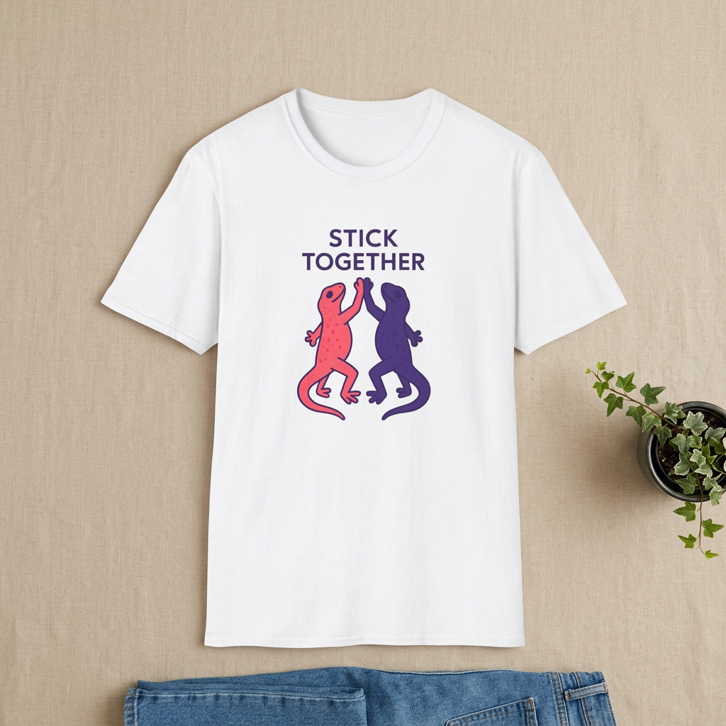 Lizards Stick Together white T-shirt flatlay mockup