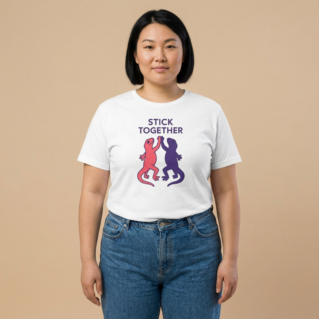 Lizards Stick Together white T-shirt on-person mockup